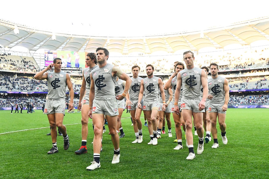 AFL 2018 Round 21 - Fremantle v Carlton Carlton players leave the field after losing to Fremantle this year in the grey strip - AFL,Carlton Blues